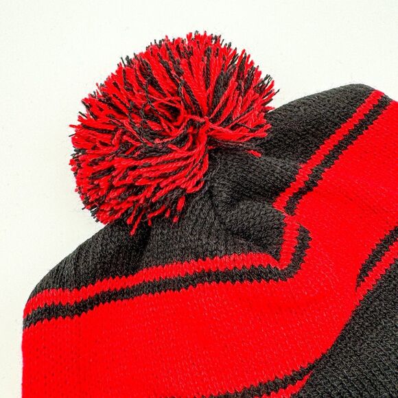 Mitsubishi Electric Black/Red Stripe Ski Beanie Hat Knit Pom Pom One Size OOAK - Picture 3 of 10